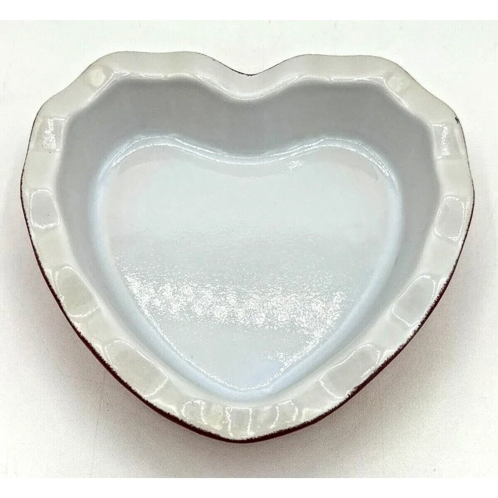 Emile Henry Red‎ & White Heart Shape Ruffled Dish Made in France 5 3/4” 61.49